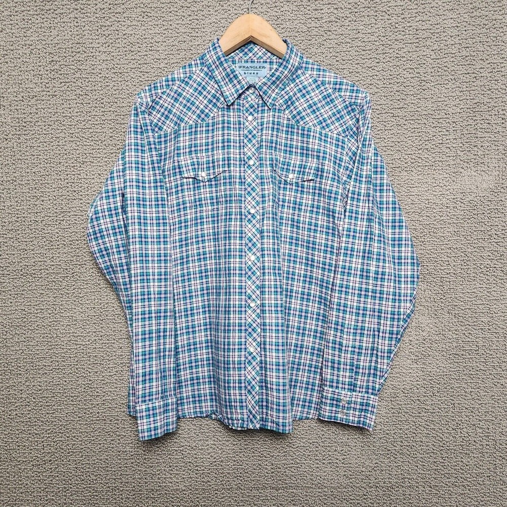 WRANGLER Blues Men's Plaid Blue Button Up Long Sleeve Shirt Size XL